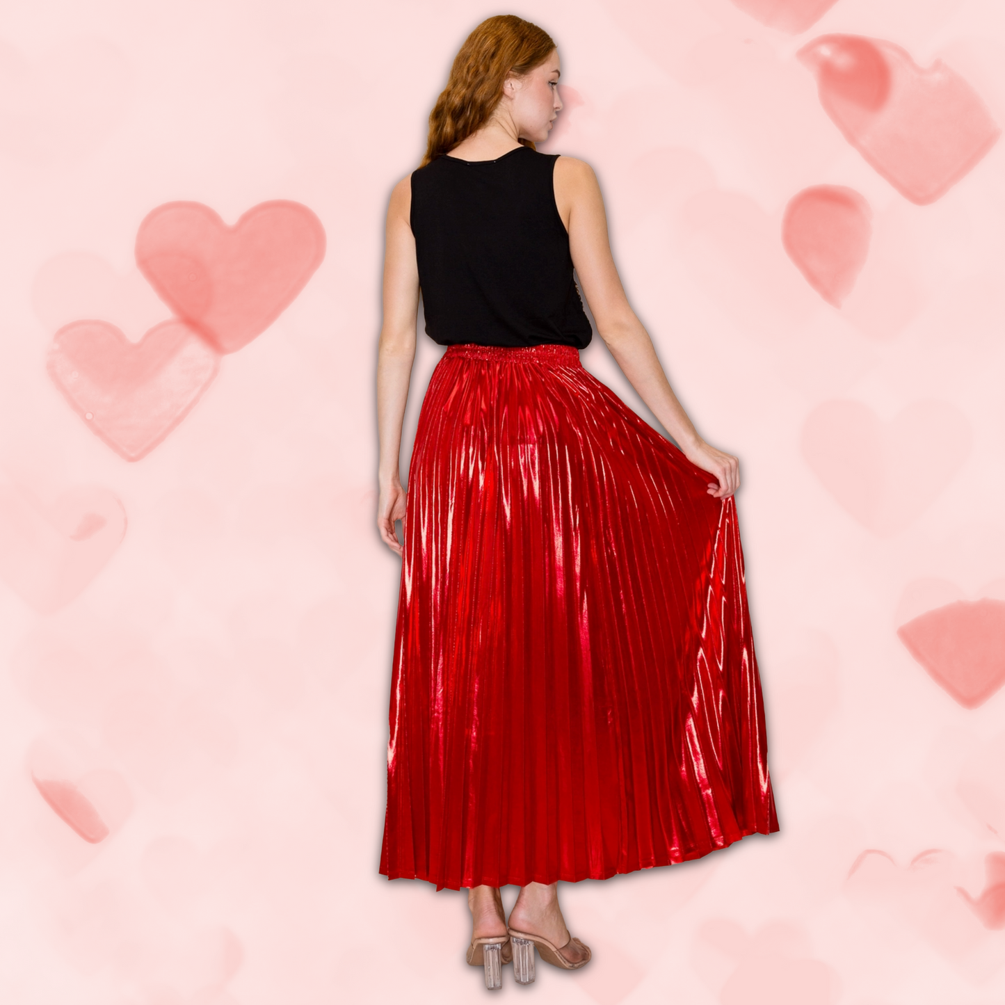 METALLIC RED HOT PLEATED SKIRT